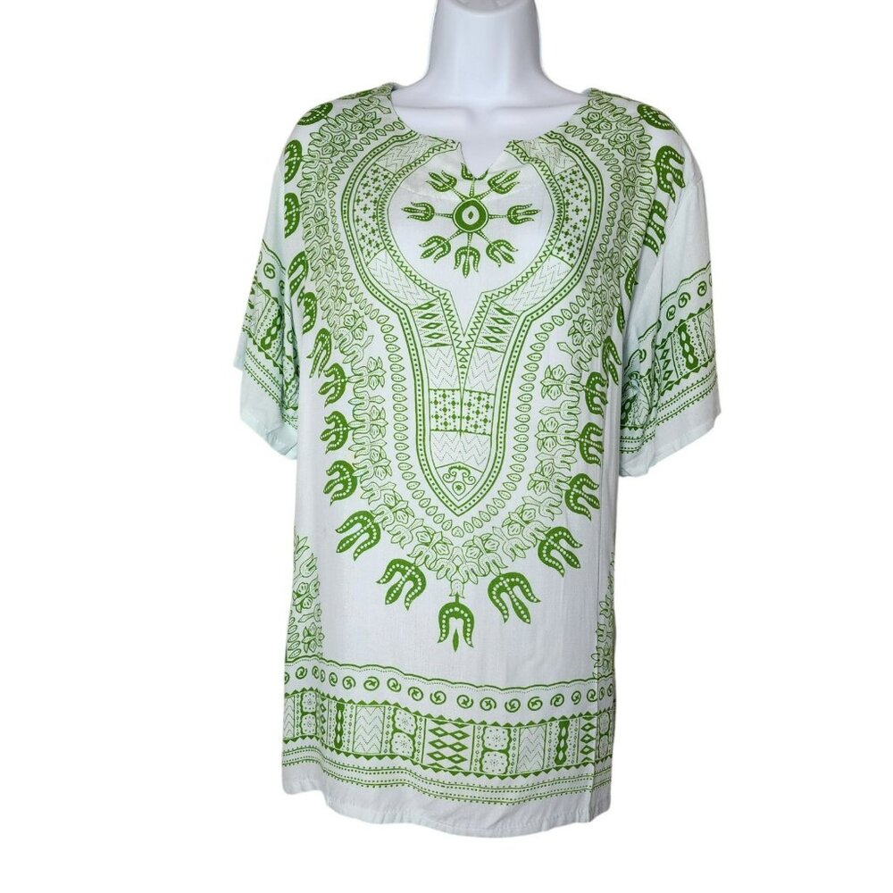 KUKUH Dashiki Tunic Shirt  Green Batik Cotton  One Size  Relaxed Fit‎ Boho Top